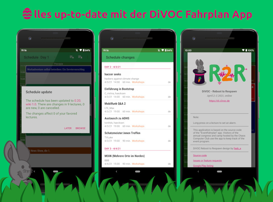 tbsprs's tweet photo. DiVOC Reboot to Respawn: 02.-04.04.2021 https://t.co/smMknegf3x
Alle Fahrplan-Updates mit der DiVOC App für Android
🛒 https://t.co/8wtrcKuxKv
🛒 https://t.co/BdHRVKToXx
#divoc #divocr2r #r2r #reboottorespawn #fahrplan @diC3voc @c3voc @hacklabor @ChaosWildWest @chaosz0ne https://t.co/IIsftAhXuX