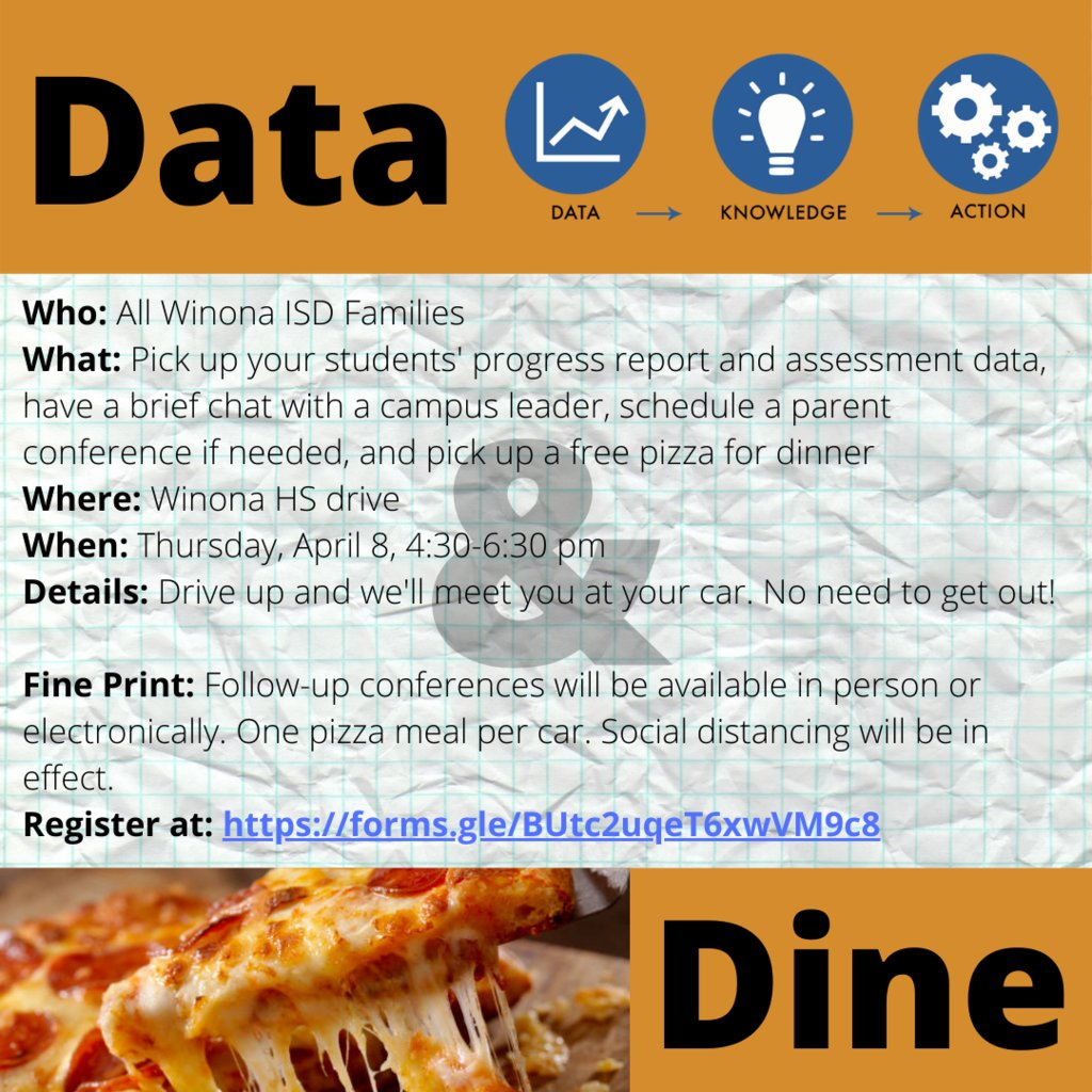 Data &amp; Dine next week! Get a personalized folder per student, we'll explain the data, schedule a conference if needed, grab a free pizza meal, &amp; you drive off in 5 minutes w/dinner! Pre-register below to help us plan. One pizza meal per family. forms.gle/BUtc2uqeT6xwVM…