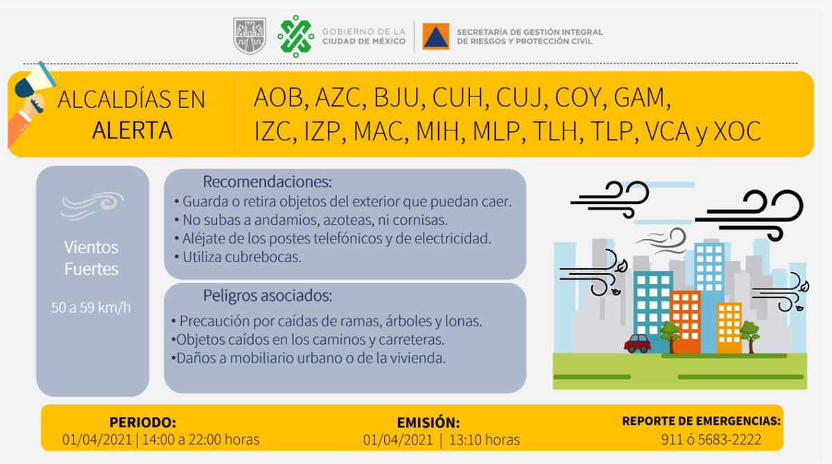 PcAzc's tweet image. Se activa #AlertaAmarilla en #Azcapotzalco por vientos fuertes para la tarde noche de hoy jueves 1o de abril de 2021. 
1. #QuedateEnCasa 
2. Guarda objetos que puedan caer. 
3. Mantén cerradas puertas y ventanas. 
4. Reporte de incidentes al 55 5347 1527.