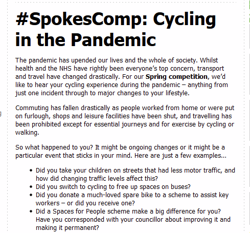 SpokesLothian's tweet photo. #SpokesComp
Spokes Spring Competition
🙋♀️Tell us about you and🚲during the pandemic - a year's experience or a memorable incident - it's up to you!
🙋♀️Text, verse, photos, video - all welcome!
🤩Amazing prizes
See the full rules HERE-->https://t.co/6cn2cq9hMj
Closes Sun 2 May https://t.co/C9NdNatvgL