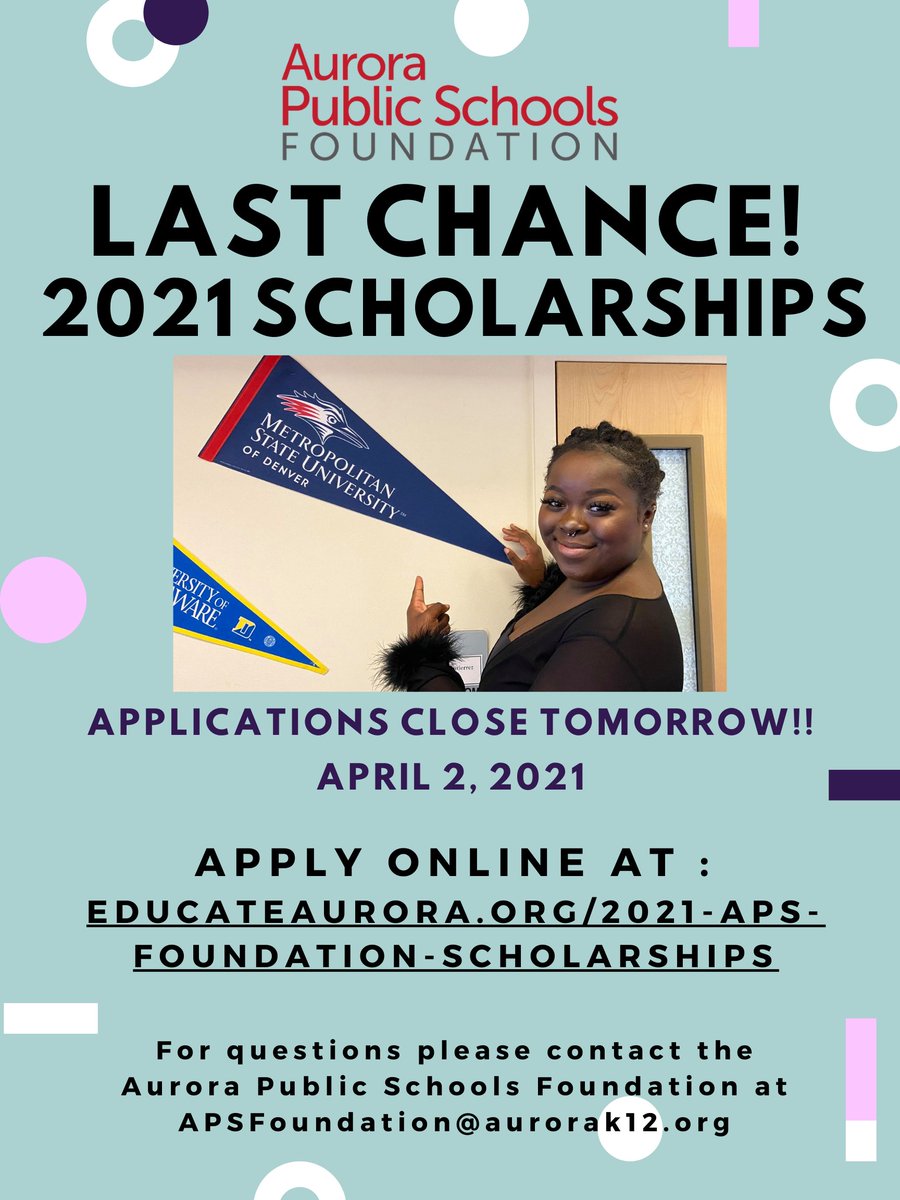 ‼️FINAL HOURS‼️

Tomorrow at 4:00 PM our 2021 Scholarship applications close! <a href="/aurorak12/">Aurora Public Schools</a> Seniors still have plenty of time to fill out our simple applications. Hurry up and apply before it's too late! 

Apply now at: educateaurora.org/2021-aps-found…