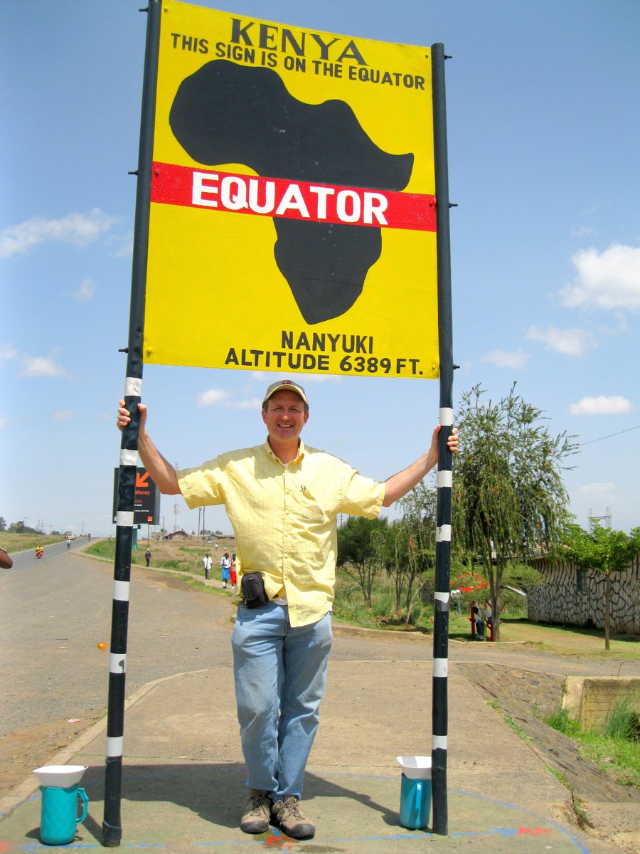 MetamoTravel's tweet photo. Did you know that the equator cuts through Kenya, Somalia, Uganda, the Democratic Republic of Congo, Gabon, and Principe and Sao Tome?  Here is a picture of Greg Traverso trying to maintain his balance on the Kenyan equator line. https://t.co/RwIhyu3Gd6