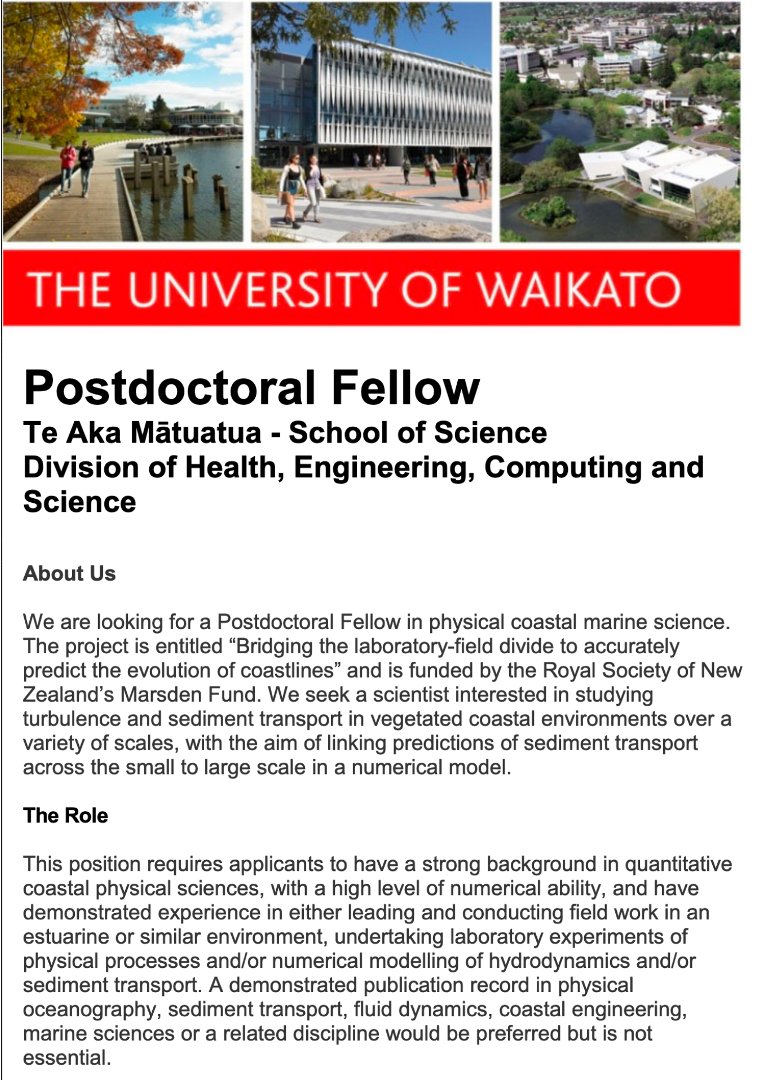 rafaelotinoco's tweet photo. Remember all those times you wished you could move to New Zealand? Join @DrMullarney, @NardinWilliam, and yours truly for some lab/field/numerical fun working with coastlines.
Postdoc position available at (#410111):
https://t.co/CzDNTzfFOd
#PostdocAlert #Ecohydraulics https://t.co/EXndzBJMRd