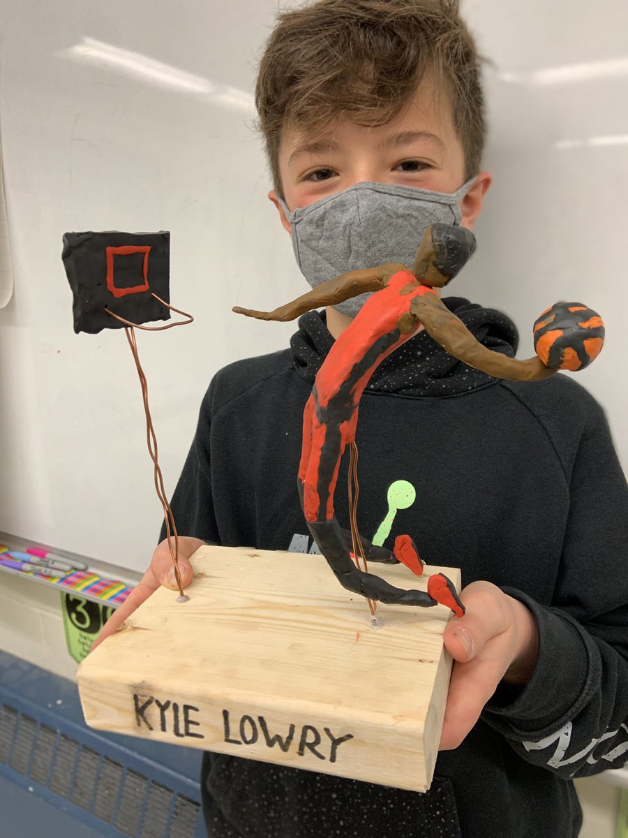 SPParker10's tweet photo. He used every extra moment this week to finish his mixed media sculpture(copper wire, clay). A 👁 at bodies in motion, he used a wooden mannequin to stage, then shaped his wire accordingly. A dedication to his love of the game @RossArgante  @Raptors @HRCE_NS @rockinghamelem https://t.co/zZiGLuc2TZ