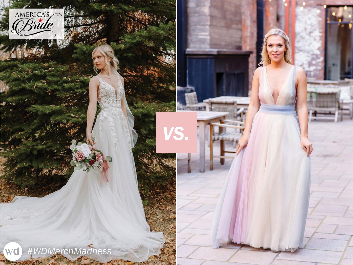 WeddingDayMag's tweet photo. Who will make it to the championship match? Reply 'Left' to vote @morileeofficial from @Americas_Bride or reply 'Right' to vote Willow by Watters from @NordstromCHI! #WDMarchMadness #weddingdress https://t.co/OeZfzouQZQ