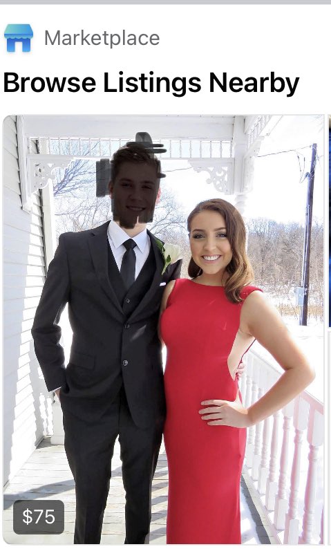 RhythmicRelapse's tweet photo. This girl just dead ass posted a prom dress on my local swap and sell and instead of cropping out people like one would normally do, she just scribbled their faces out of her life. Is this the new normal? Asking for a friend. https://t.co/T60vc8uHFj