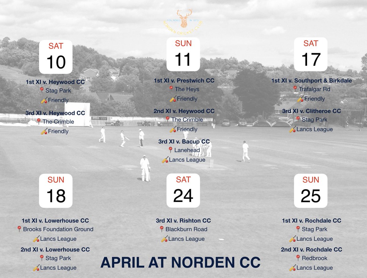 NordenCC's tweet photo. Games come thick and fast this April at Norden CC.   We face @HeywoodCC, @PrestwichSport , @BacupCC, @SNBCC, @Clitheroe_CC, @LowerhouseCC , @Rishtoncc and @RochdaleCricket.

Reminder spectators are not permitted until Saturday 17th. https://t.co/GWIuItnPrF