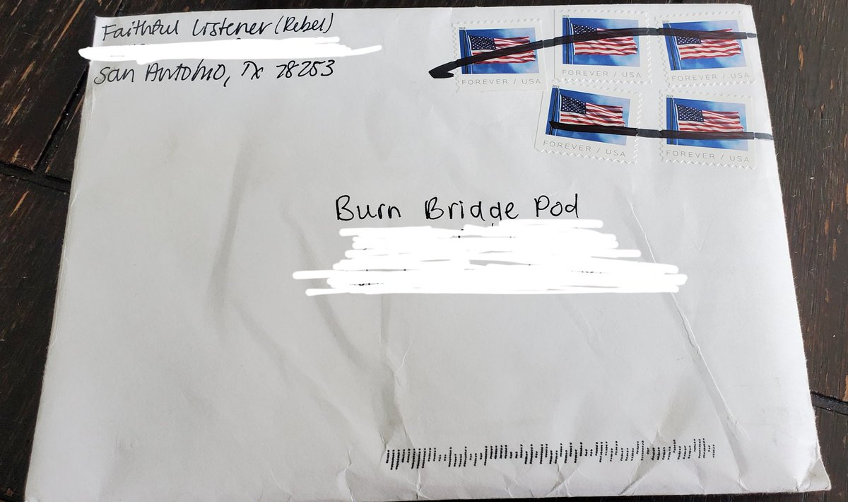 BurnBridgePod's tweet image. Shoutout to Faithful Listener (Rebel) from San Antonio, Texas with the first piece of fanmail.

#BurnBridgePod 🔥🌉🎙