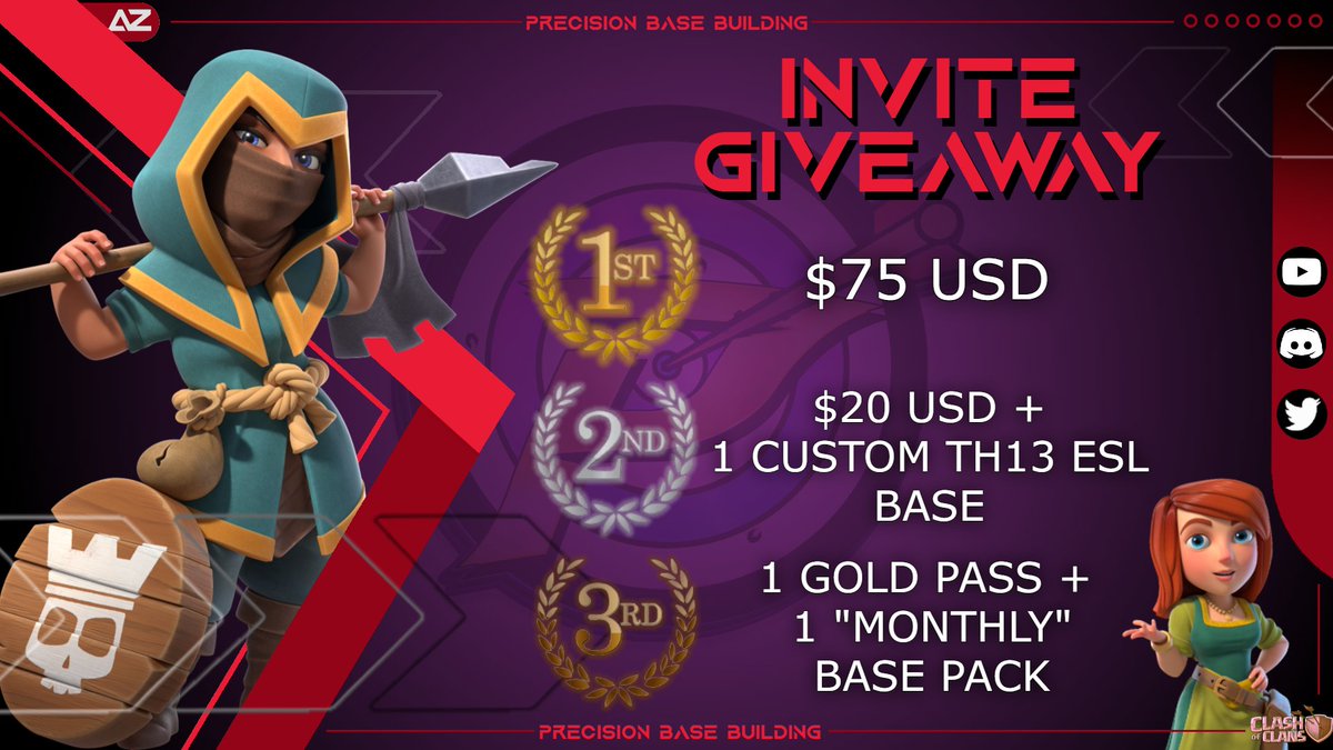 Join us for our $100 invite giveaway event! Invite people to join our server, and if you have the most invites at the end of the event, you will have the opportunity to win amazing prizes 

Prize Breakdown Below:
1st -  $75
2nd - $20 + 1 ESL Base
3rd - Gold Pass + Base Pack