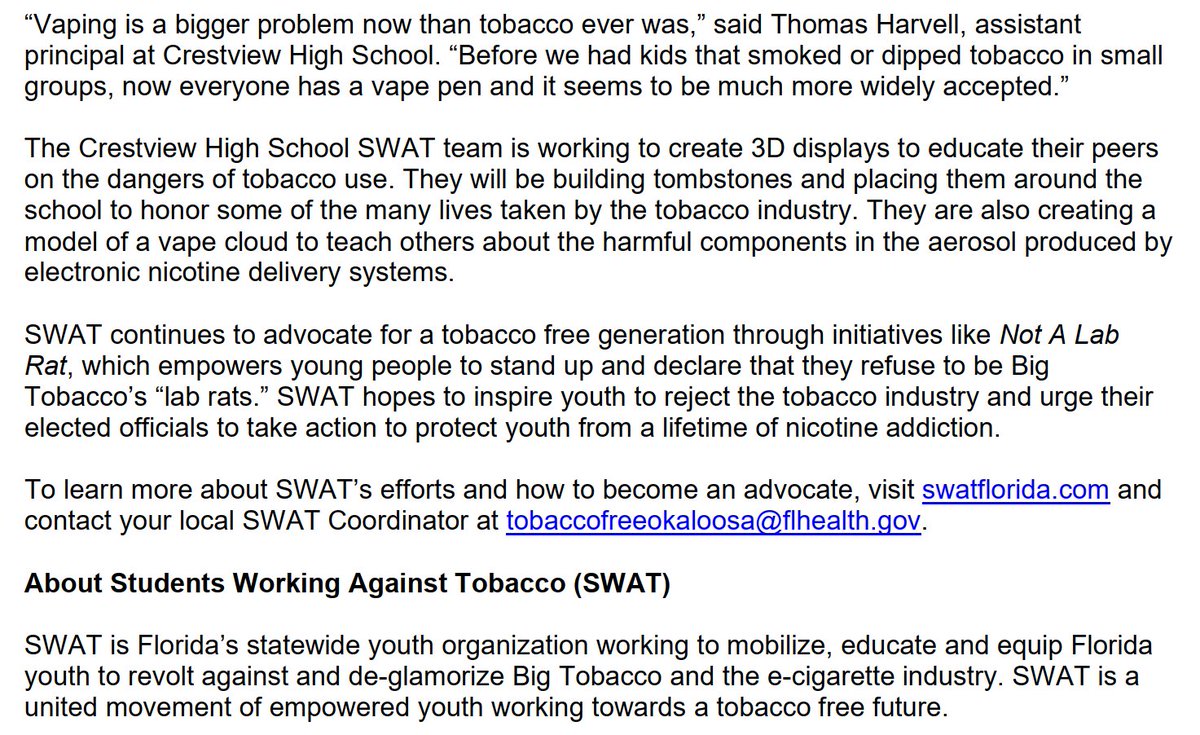 OkaloosaSWAT's tweet photo. Check out Crestview High School SWAT Team's creative and informative tombstones and vape cloud model to advocate against Big Tobacco and their tactics! Special shout out to SWAT Advisor Daniel F Allison, President Juliana Bascom and Secretary Lauren Woodward Crestview High School https://t.co/3PRSQ6INI1