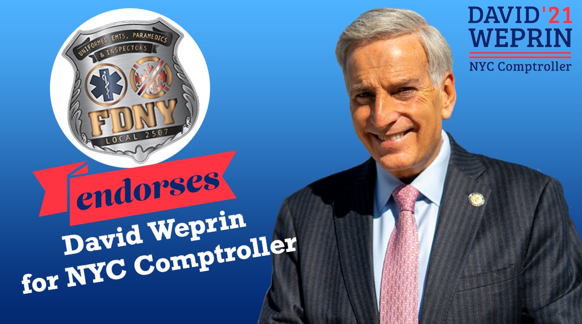 DavidWeprin's tweet photo. Humbled and honored by the #endorsement of @FDNY EMS #Local2507. I'm ready to put my lifetime of experience in public service and finance to secure a more fiscally sound future for New York City.
#NYCComptroller #UnionStrong #NewYorksBravest https://t.co/XHv3kAJaLD