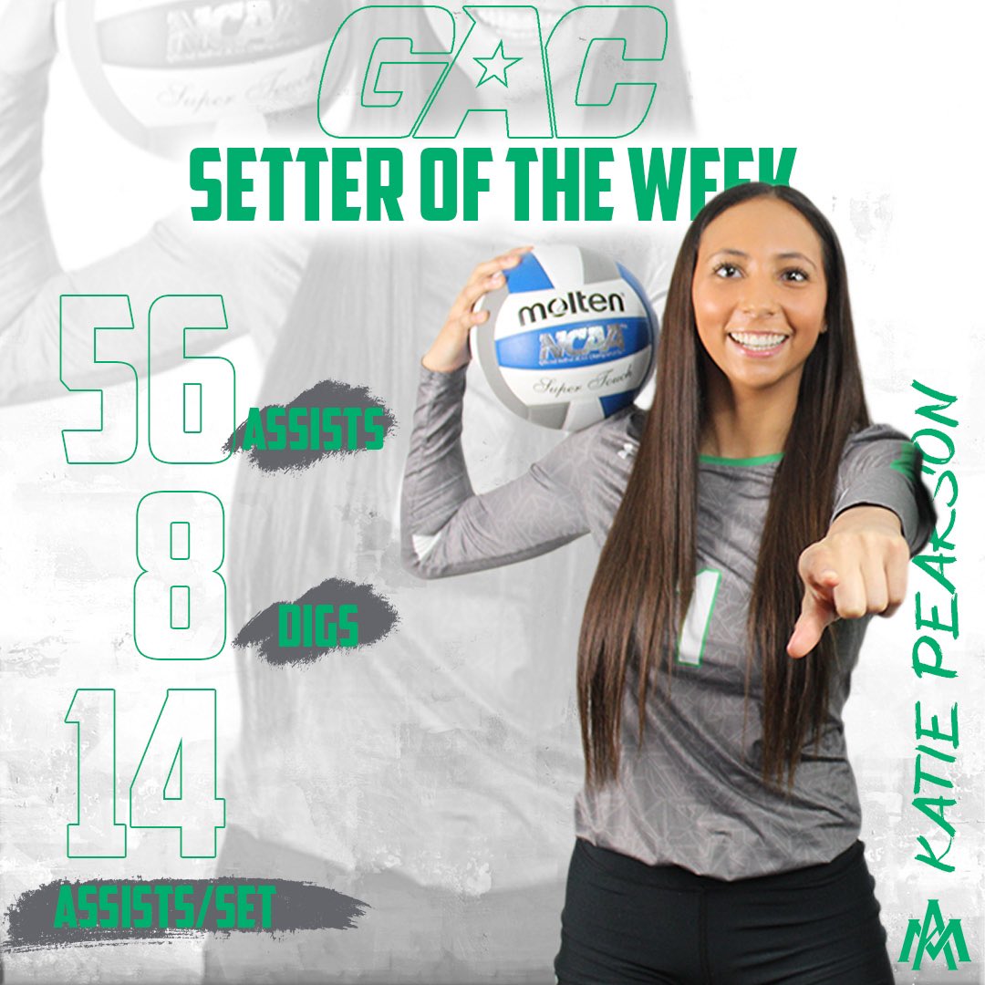In the final week of regular season, Pearson  is named GAC Setter of the Week!! Join us in congratulating Katie on her accomplishment of averaging 14 assists/set against Southern Arkansas!