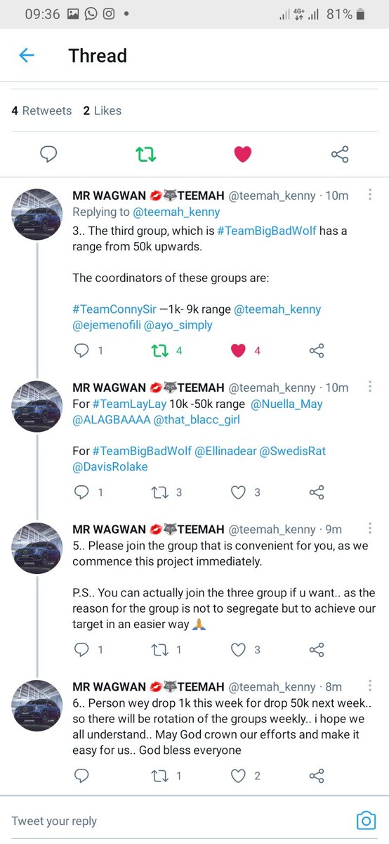 Nuella_May's tweet photo. But we also noticed that a lot of people are unable to make payments through the link so we thought of a better way to organize the funding..
We created 3 teams:
#TeamConnySir 1k-9k
#TeamLayLay 10k-50k
#TeamBigBadWolf 50k and above..

We are in this together guys!!🙏 https://t.co/cXnA4P8KAy