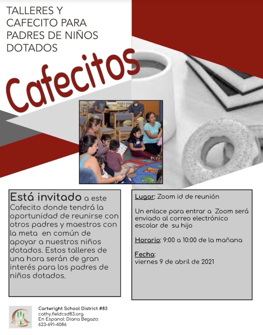 CESD83GATE's tweet photo. Gifted Parent Cafecitos Friday, April 9th 9-10 a.m.  The link will be in your child's school email.  Hope to see you there! #cartwrightgate #oneteamunafamilia https://t.co/aH8AXDWCyJ