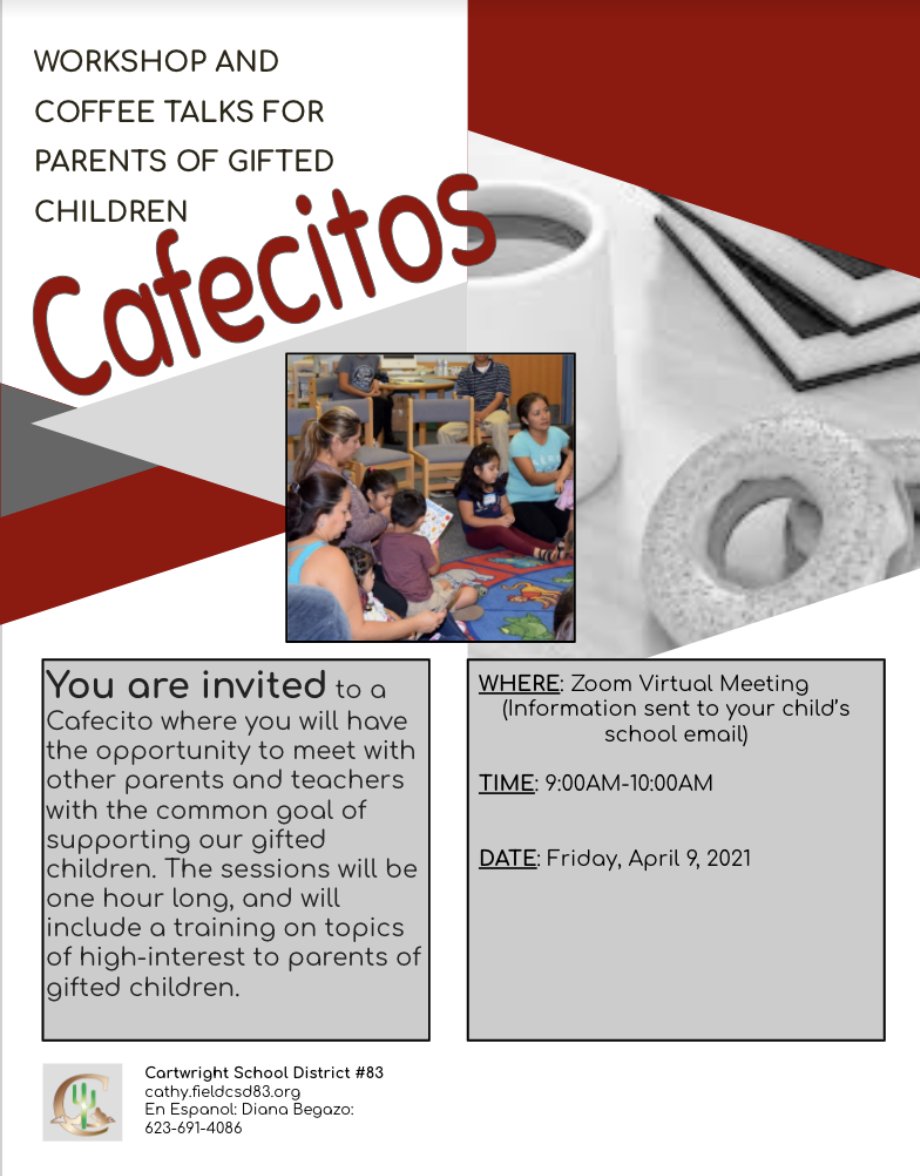 CESD83GATE's tweet photo. Gifted Parent Cafecitos Friday, April 9th 9-10 a.m.  The link will be in your child's school email.  Hope to see you there! #cartwrightgate #oneteamunafamilia https://t.co/aH8AXDWCyJ