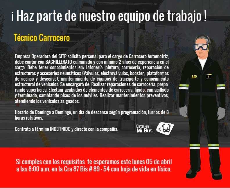 EsteEsMiBus's tweet photo. ¡ Haz parte de la familia Este es Mi Bus ! 

Si cumples con los requisitos para alguna de nuestras vacantes, te esperamos este lunes 5 de abril a las 8 a.m. en la Carrera 87 Bis # 89 - 54. https://t.co/R5vpiJkDZg