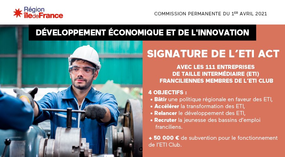 Une étape de plus pour le Club #ETI <a href="/iledefrance/">Région Île-de-France</a> avec la signature du 1er ETI Act de France!
➡️ Bâtir une #relance durable en s’appuyant sur ces entreprises solidement ancrées dans leurs #territoires 
Merci au <a href="/ClubIle/">Club ETI île-de-France</a> <a href="/po_brial/">Pierre-Olivier Brial</a> partenaire précieux de nos politiques régionales !