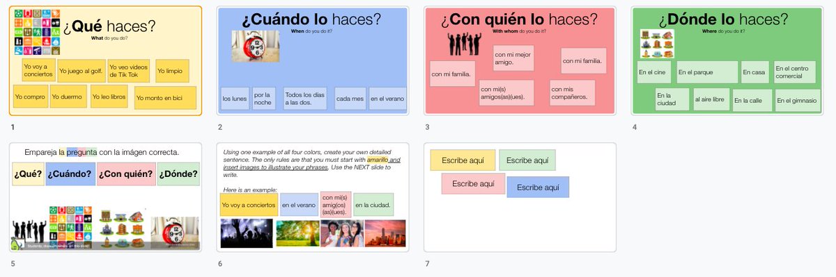 ProfeTrowbridge's tweet image. Kind of loving working on these slides for our upcoming 8th grade &quot;chillin&quot; unit. Trying to use colors to help my Ss more strategically build their proficiency + enrich their sentences w. details. I know they are capable, I just need to do better laying the foundation for them!