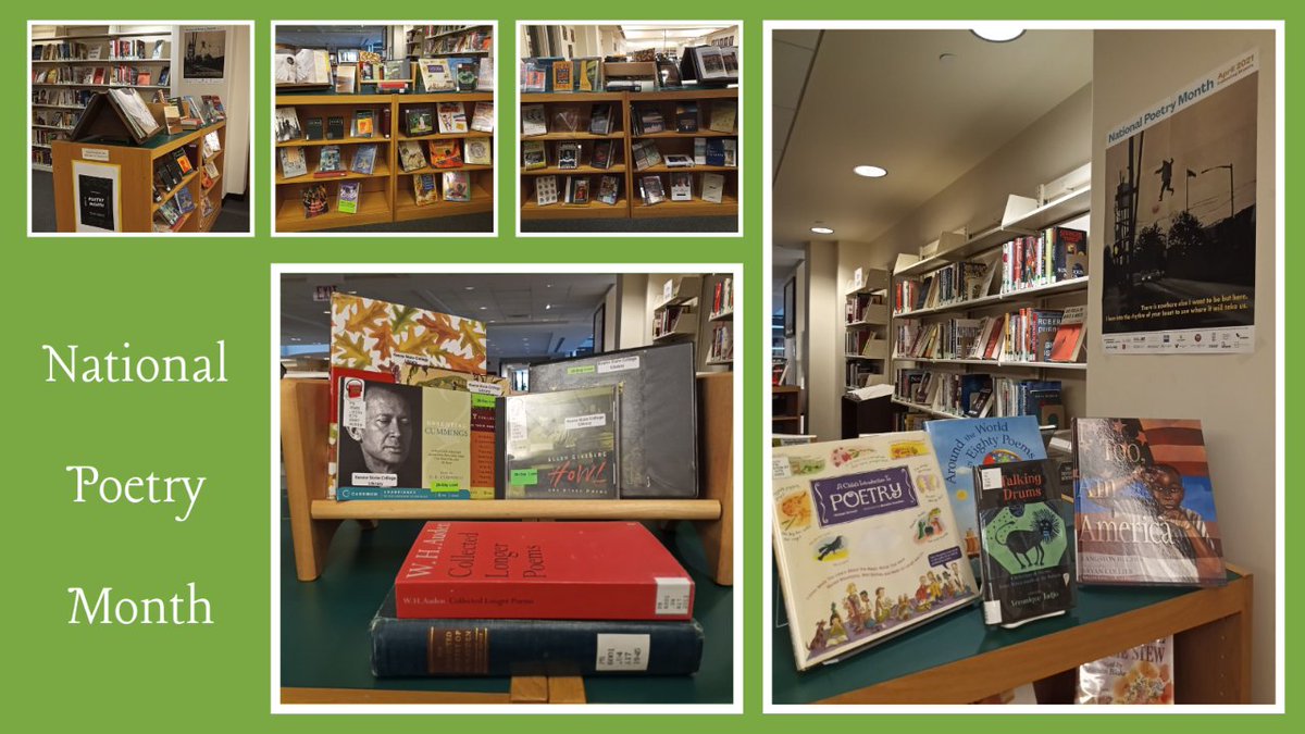 KeeneMasonLib's tweet photo. #NewLibraryDisplayAlert
April is #NationalPoetryMonth! We have a new display up by our #PopularReading area on the first floor of the @KeeneMasonLib . All of the items on display are available to check out.
#Poetry #Poems #Poets #NewLibraryDisplay @KeeneState_ @EnglishKSC https://t.co/69ljSXh7ER