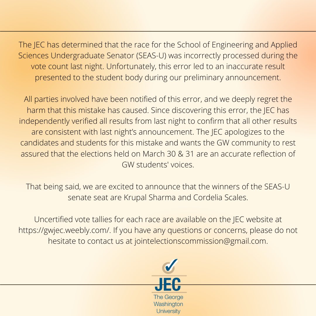 Please read the JEC’s statement about the SEAS-U Senate race. Feel free to reach out if you have any questions.