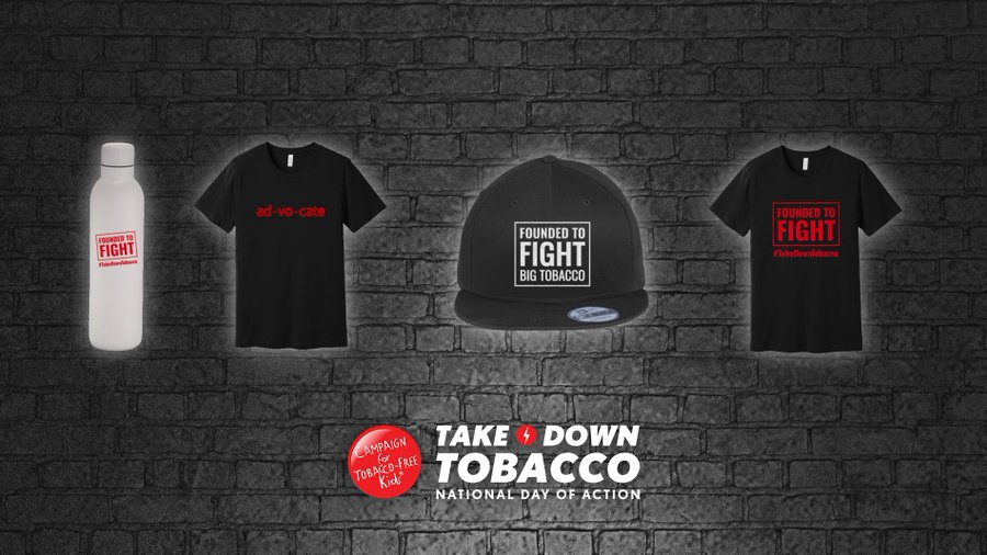 noflavoredecigs's tweet photo. Check out this #TakeDownTobacco merch! 100% of the net proceeds will go directly to funding @TobaccoFreeKids’ youth initiatives – and shipping is free! https://t.co/X1sB2SNf0v https://t.co/oDb3gyqdM1