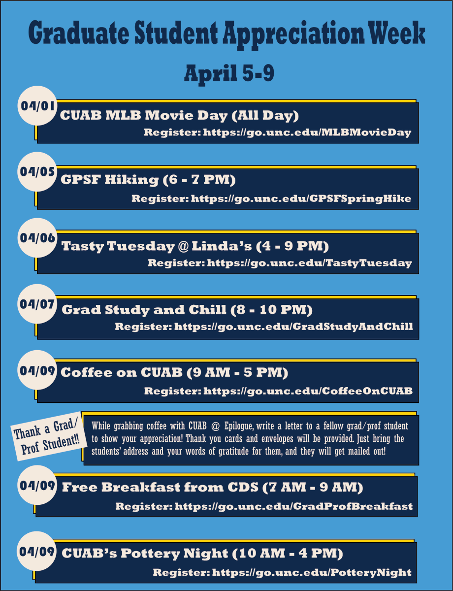 GPSGatUNC's tweet photo. Graduate Student Appreciation Week is coming up next week. See below for event opportunities! 

We will keep you updated in the coming days as the events roll out. Get excited!!!

We truly appreciate all of our graduate and professional students on campus. Keep up the good work! https://t.co/8x0iXdrz3z