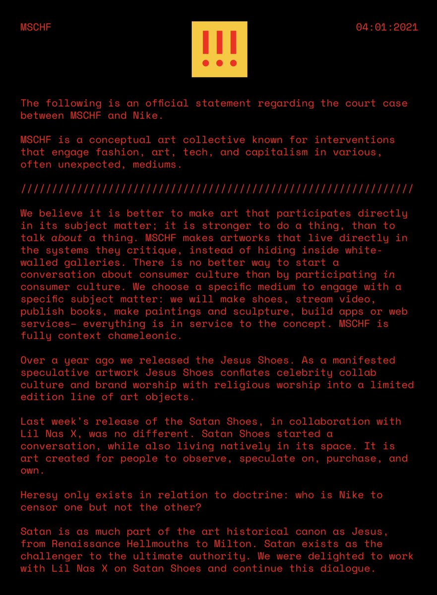 saint's tweet photo. OFFICIAL STATEMENT FROM MSCHF: https://t.co/MkPeJhj3a0