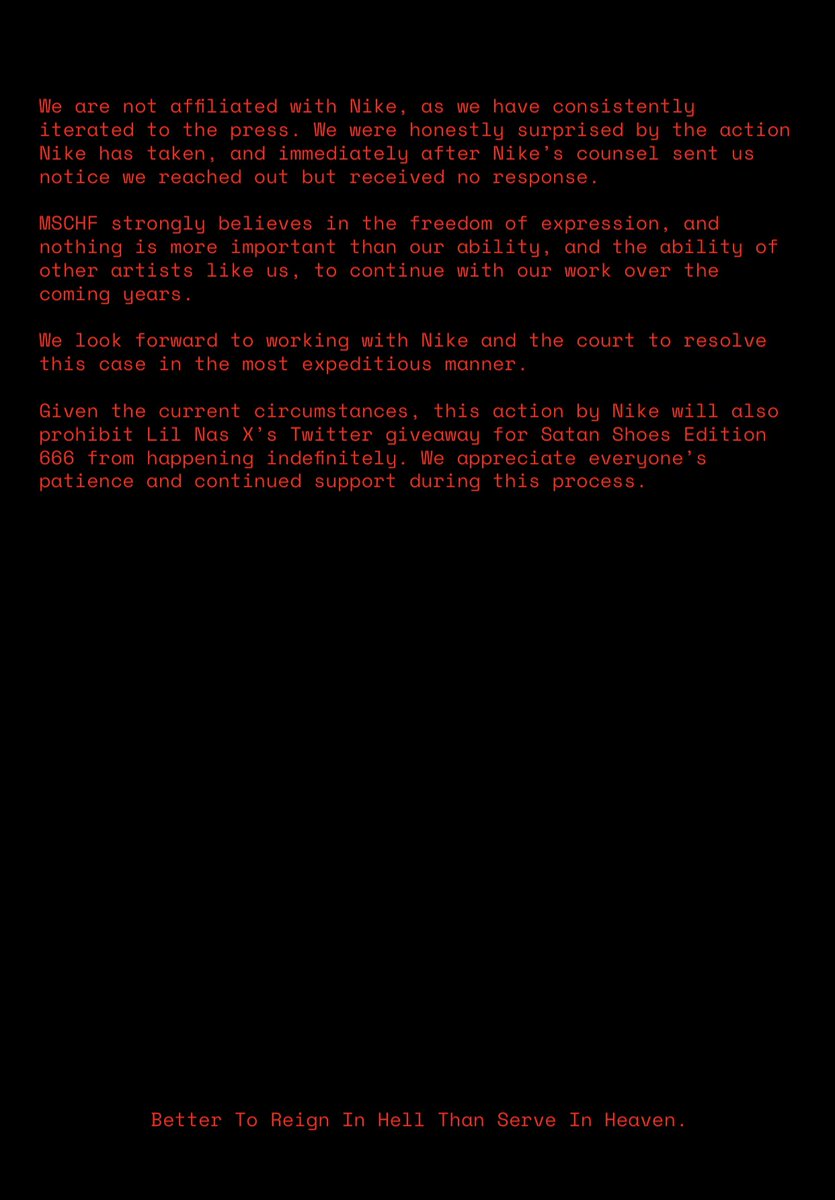 saint's tweet photo. OFFICIAL STATEMENT FROM MSCHF: https://t.co/MkPeJhj3a0