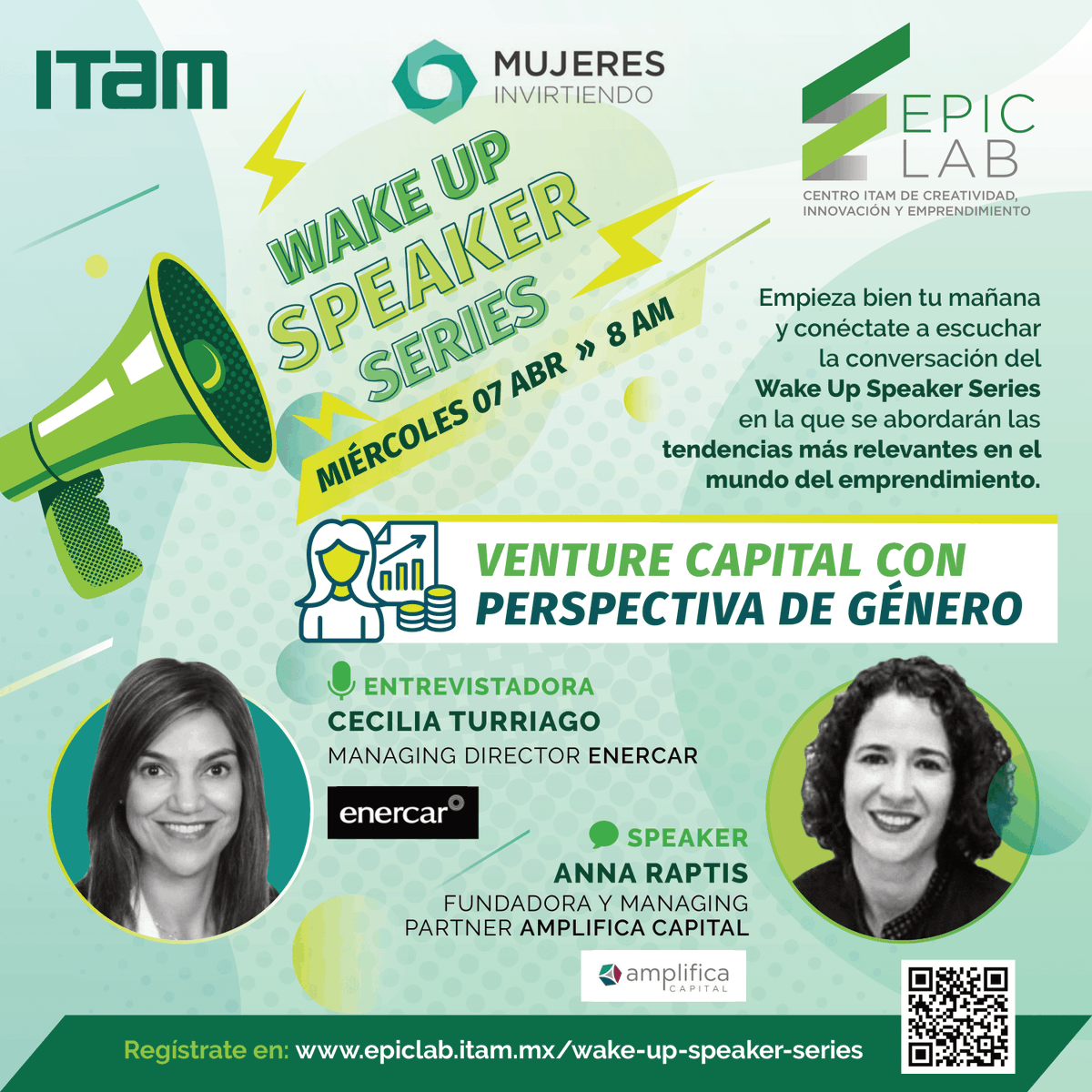 EPIC Lab ITAM (@epiclabitam) on Twitter photo Seguimos con el #WakeUpSeries del <a href="/EpicLabITAM/">EPIC Lab ITAM</a>. El 7 de abril estará @cturriago16 | #Enercar en una plática sobre #VentureCapital en #Startups con perspectiva de género, con @AnnaRaptis01 | <a href="/AmplificaC/">Amplifica Capital</a>
Presenta <a href="/DanielaRuizMass/">Daniela Ruiz Massieu</a>
Regístrate: ow.ly/q9hD50DxYPC
<a href="/ITAM_mx/">ITAM</a>
<a href="/ExITAM/">ExITAM</a> Seguimos con el #WakeUpSeries del <a href="/EpicLabITAM/">EPIC Lab ITAM</a>. El 7 de abril estará @cturriago16 | #Enercar en una plática sobre #VentureCapital en #Startups con perspectiva de género, con @AnnaRaptis01 | <a href="/AmplificaC/">Amplifica Capital</a>
Presenta <a href="/DanielaRuizMass/">Daniela Ruiz Massieu</a>
Regístrate: ow.ly/q9hD50DxYPC
<a href="/ITAM_mx/">ITAM</a>
<a href="/ExITAM/">ExITAM</a>