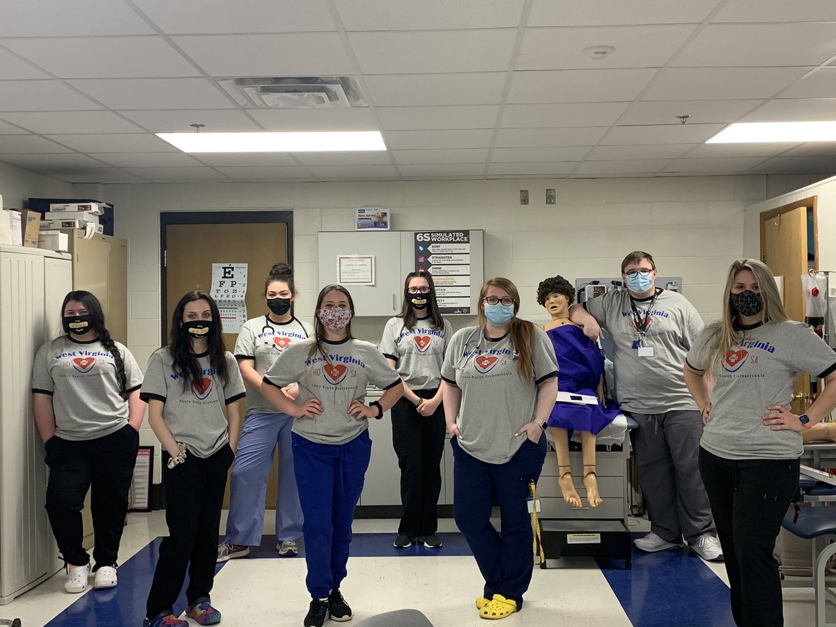 bfcareerma's tweet photo. A few of our juniors wearing their WV HOSA Future Health Professionals 2021 T-shirt and mask designed by our Office Manager- Savannah Turley!!  @KCBOE @Jenny_Stowers @wvhouse https://t.co/B8zbEFh3Di