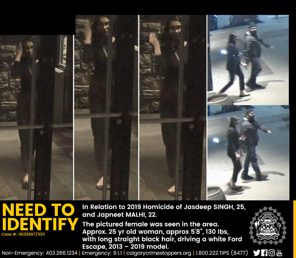 CalgaryPolice's tweet photo. Almost two years to the date of the 2019 double homicide of Jasdeep SINGH, 25, and Japneet MALHI, 22, investigators are sharing CCTV footage in an effort to identify a woman who is believed to have information about the murders. #yyc https://t.co/woiS3pghGu