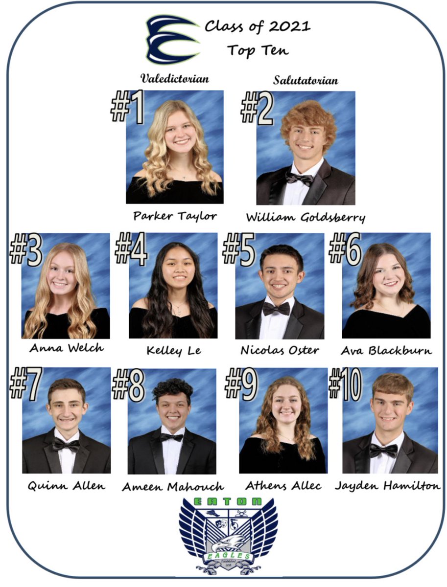 EatonHighSchool's tweet photo. We are proud to announce the Top Ten Graduates of the Eaton High School Class of 2021! https://t.co/ZGsD3SCe0n