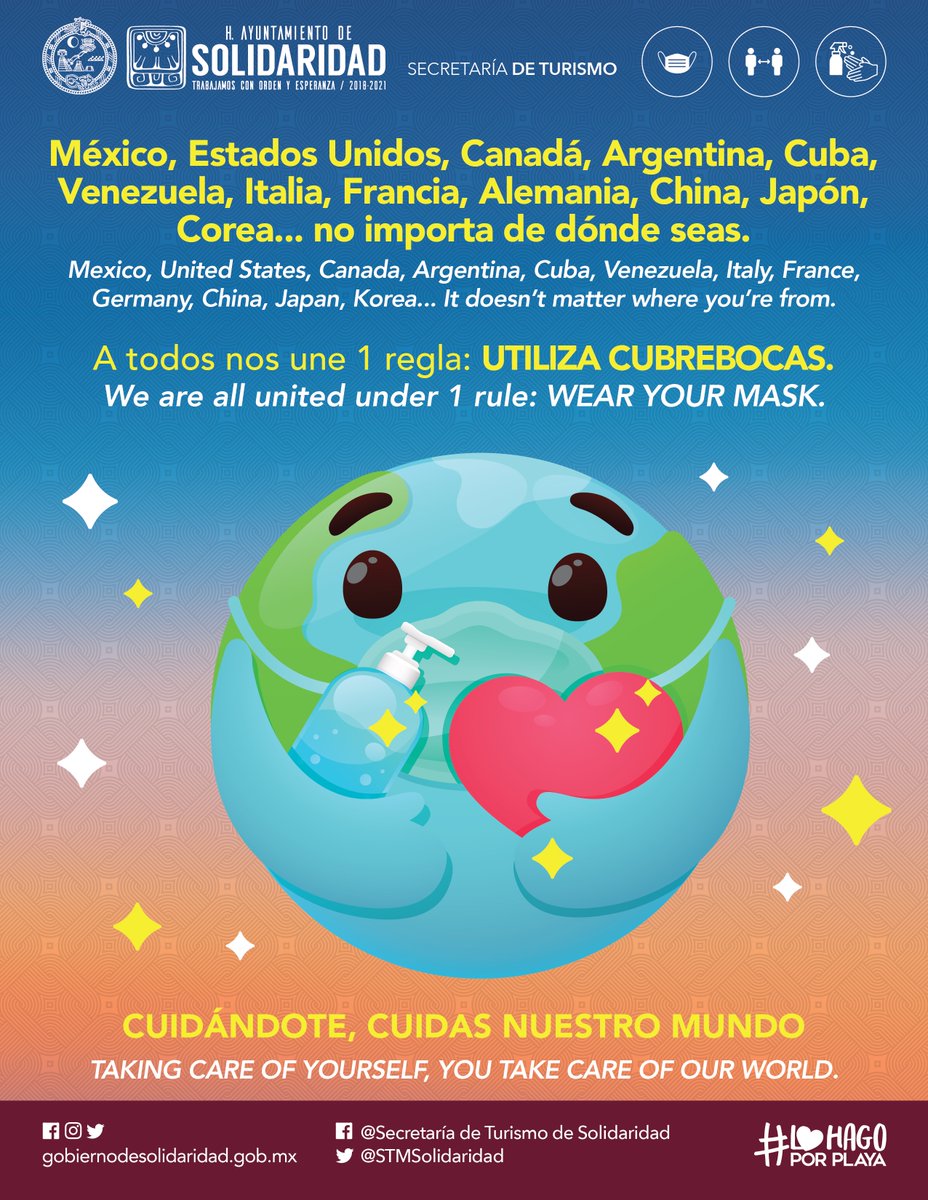 ¡Hola amigo turista! 👋🏼

Disfruta con responsabilidad y sigue todos los protocolos de salud. 😷🧼👐🧍‍♀️ ↔️ 🧍‍♂️

¡Cuidándote, cuidas a nuestro mundo! 🌎

#PlayaDelCarmen #PuertoAventuras #DestinoSeguro #SafeTravels