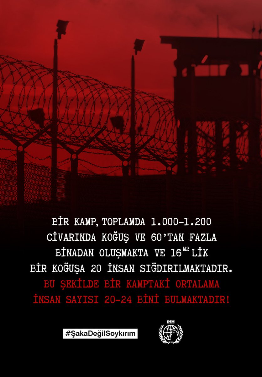 Alikar0701's tweet photo. Bir toplama kampı 1.000-1.200 civarında koğuş ve 60'tan fazla binadan oluşmakta ve 16 M2'lik bir koğuşa 20 insan sığdırılmaktadır.

Bu şekilde bir kamptaki ortalama insan sayısı 20-24 bini bulmaktadır!

#ŞakaDeğilSoykırım https://t.co/CPlCz4ulJP