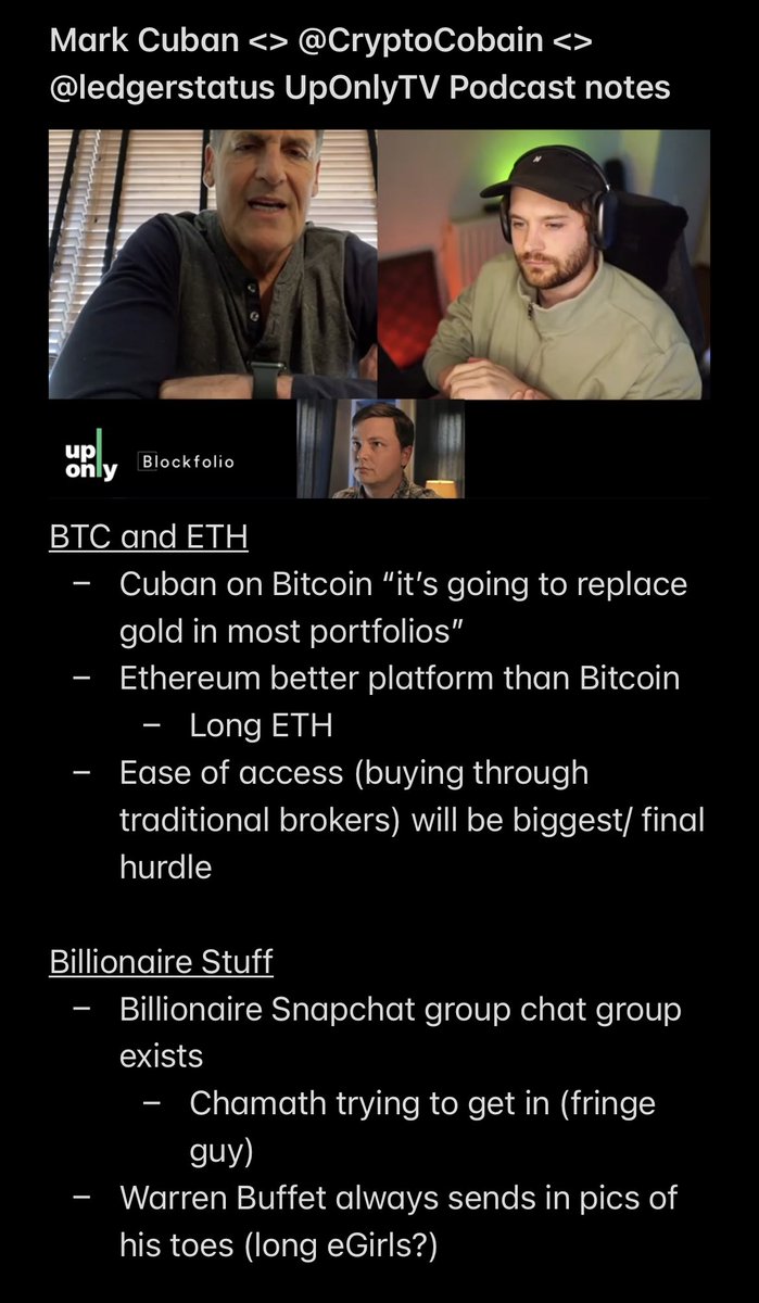 intern's tweet photo. Posting courtesy intern notes from great @UpOnlyTV podcast with Mark Cuban for anyone who missed it

@mcuban <> @CryptoCobain <> @ledgerstatus https://t.co/jImluPt7B8