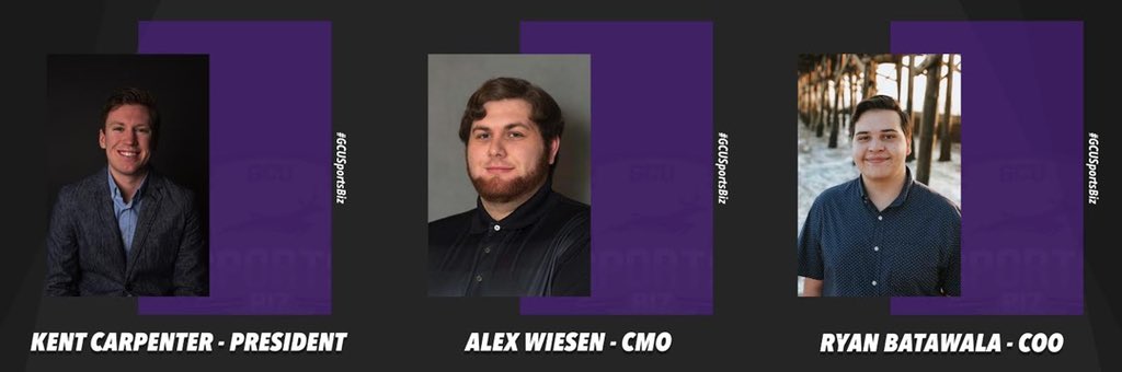 GCUSEBC's tweet photo. We want to reintroduce Kent Carpenter returning as your SBC President for this upcoming academic year! We would also like to introduce Alex Wiesen (@alex_w_42) and Ryan Batawala (@ryan__bata) as your Chief Marketing Officer and Chief Operating Officer!
•
#GCUSportBiz https://t.co/RiLeNMkXaM