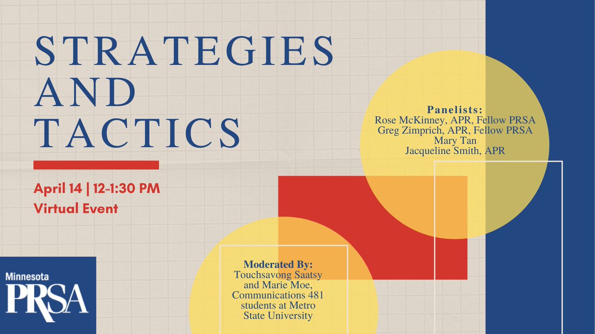 MinnesotaPRSA's tweet photo. Does your strategy need a strategy? What should a strategy include? Where do tactics fit in? Find out the answers to these questions and more at our next virtual event, "Strategies and Tactics", on Apr. 14. Save your spot today: https://t.co/xy1nVzrboj https://t.co/3jOkyOhRCh