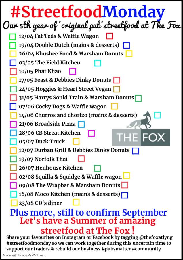 Who's excited? 🥳 we are!! If you are too then please share!
It's less than 2 wks until we open at 5pm on the 12th April for the first #StreetfoodMonday 😁
Tag your fav traders below and those you would like to see at The Fox!

We have 5 more dates to fill. traders get in touch!