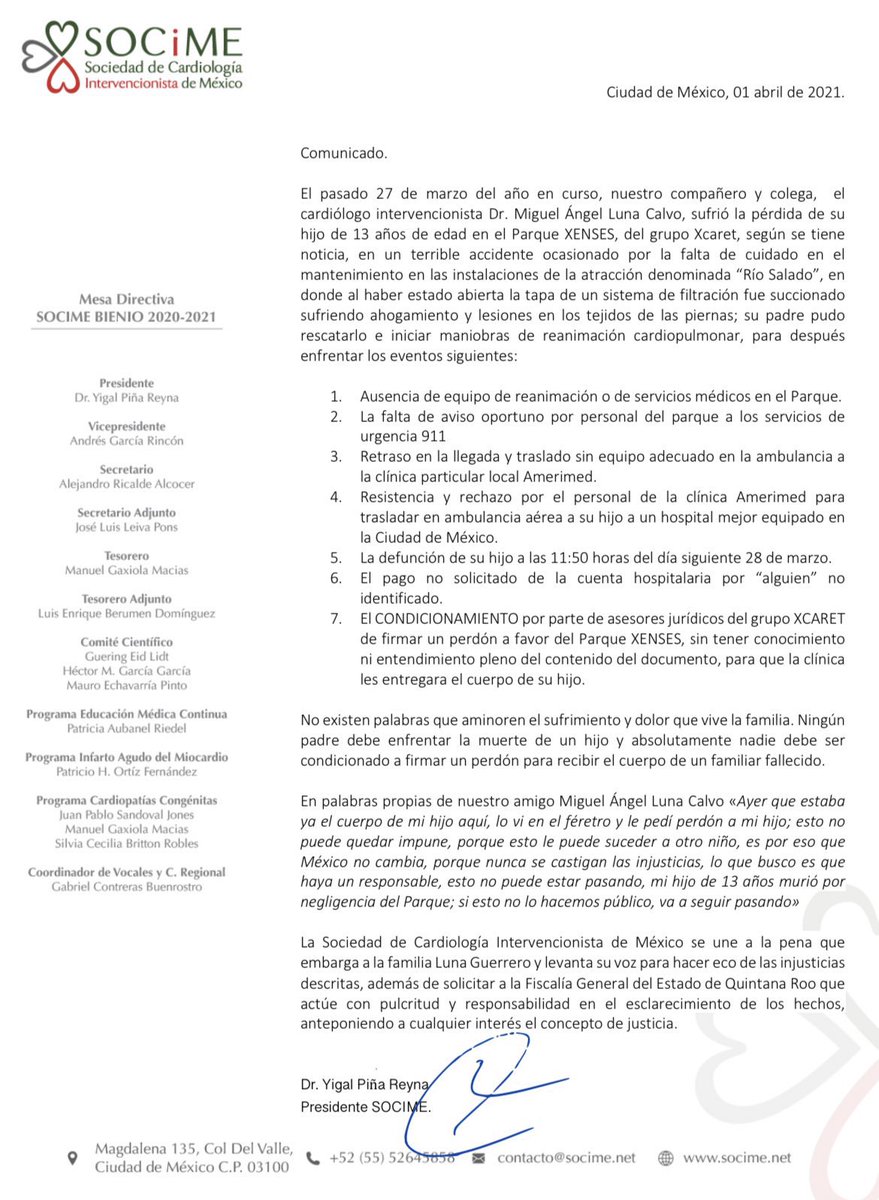 FAVOR RT:

En apoyo a nuestro colega, el cardiólogo intervencionista Miguel Ángel Luna Calvo, SOCiME solicita su apoyo para hacer eco de este terrible accidente y evitar que sea silenciado. 

#JusticiaParaLeo 

<a href="/Grupo_Xcaret/">Grupo Xcaret</a> <a href="/XcaretPark/">Xcaret</a> <a href="/hotelxcaretmx/">Hotel Xcaret México</a> #Xenses #Xcaret