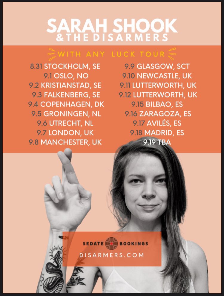 “With any luck” 
@sarahshook &amp; the Disarmers op 6 september in <a href="/dBsUtrecht/">dB's</a>
