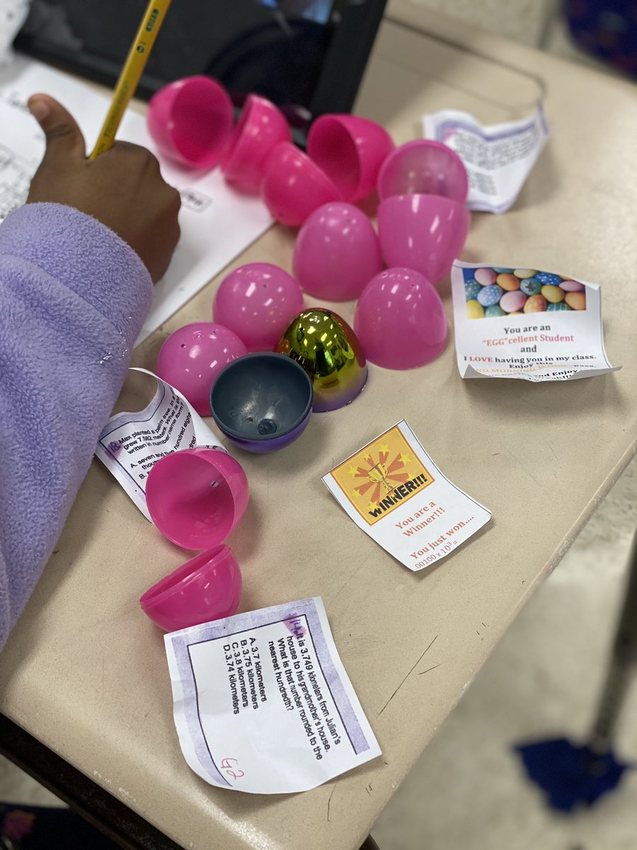 AnyeaGibson's tweet photo. Today was so much fun; We had our annual Math Easter Egg Hunt. Besides Numbers&Base Ten problems, some where filled with a problem that could earn you $1, candy, or a “No Morning Work” Pass. I will miss my babies, but Thank you Lawd for the break! #HPSTOY #ImadeitbythegraceofGOD https://t.co/x1pDKfZTnR