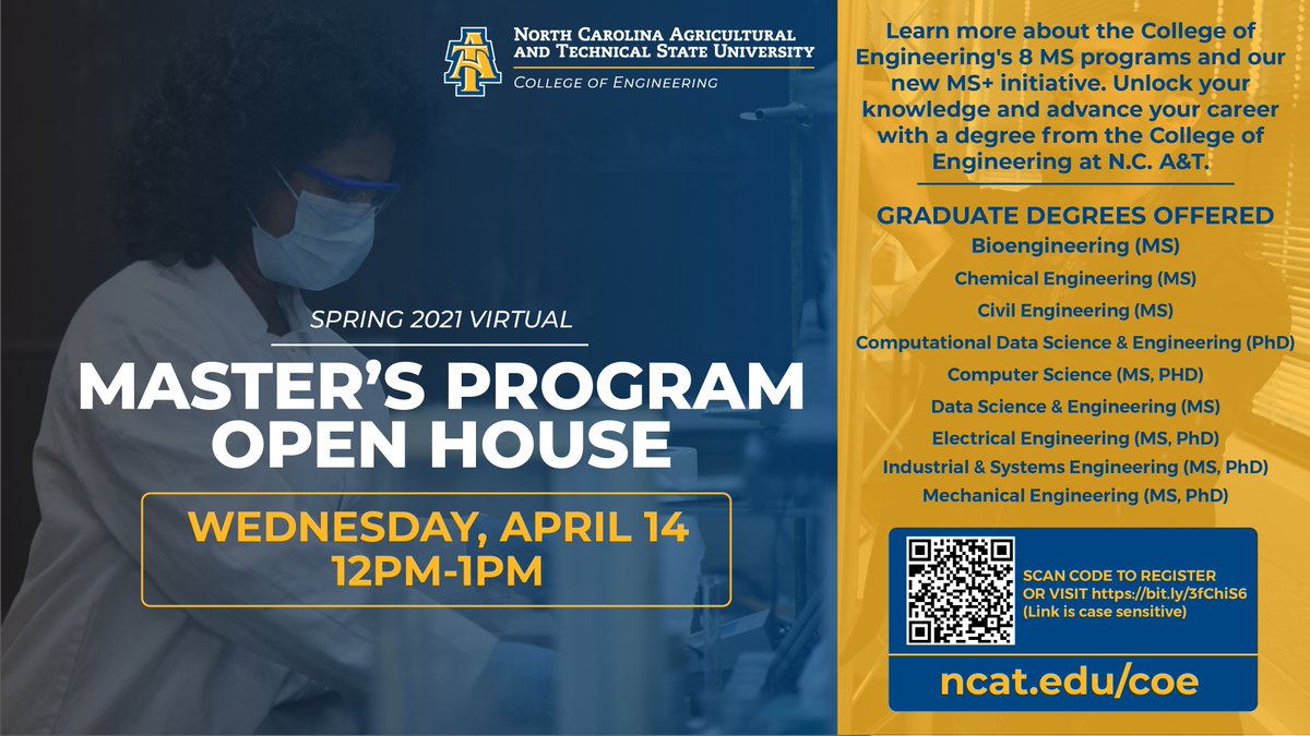 An M.S. degree from the College of Engineering can help you leverage new skills and knowledge to position your marketability in the workforce. Meet the college's dean, chairs, graduate advisors and faculty in this interactive session.

Register in advance:
ncat.az1.qualtrics.com/jfe/form/SV_cY…