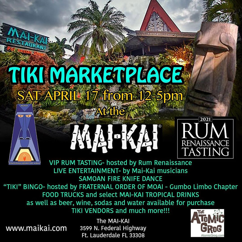 theatomicgrog's tweet photo. Save the date! @TheMaiKai Tiki Market Place on April 17. Vendors, live music, fire-dancing, Tiki Bingo, food and drinks, rum-tasting, and more! Details on the blog: https://t.co/Hsromb31Bf #tiki #tikimarketplace #maikai #maikairestaurant #savethemaikai #supporthospitality https://t.co/z9Pft0vB1o