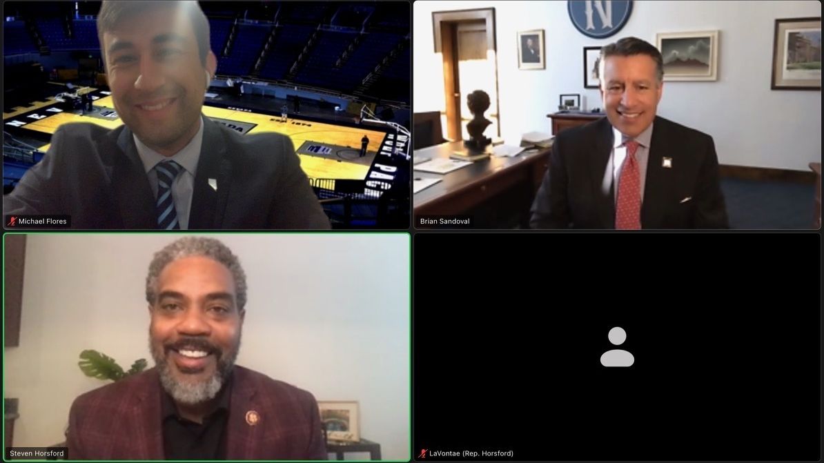 Pres_Sandoval's tweet photo. Loved catching up with @unevadareno and @NevadaASUN alumnus, Congressman @RepHorsford! Thanks for your time today. I look forward to working with you again in our respective roles. #NVLeg #GoPack! https://t.co/wvQjBdObLA