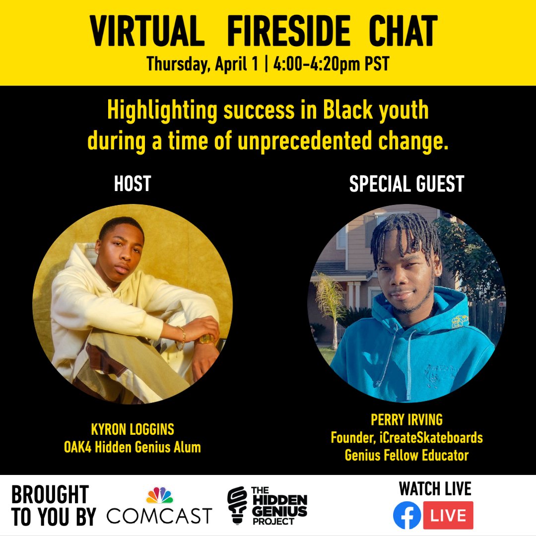 HiddenGeniusPro's tweet photo. HAPPENING TODAY💡 : Join host Kyron Loggins at 4pm PST LIVE 🔴 on our Facebook page as he interviews Perry Irving, Genius Fellow Educator & Founder of iCreateSkateboards. 🛹 Special thanks to @comcast! 💪🏿 https://t.co/TYVzfGoeUL
#virtualfiresidechat #TheHiddenGeniusProject https://t.co/ljDnmrLBqS