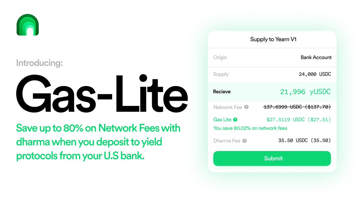 Dharma_HQ's tweet photo. 1/ We know it's April Fool's day, but this is no joke!

Introducing Gas-Lite ⛽️🪶

Automatically save up to 80% on Network Fees when you deposit to 🌾 yield protocols from your bank account on Dharma. 

Read on to see how we've made this 🔮 magic 🪄 happen✨... https://t.co/qn80FpNco2