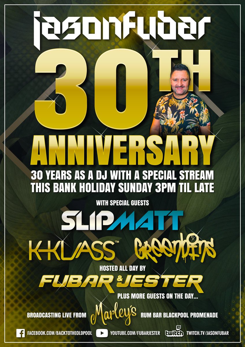 Fubar celebrating 30 years as a DJ this Sunday so @FUBARandJESTER will be hosting an all day stream to commemorate the occasion here: YouTube.com/fubarjester & on twitch.tv/jasonfubar #fubar #Blackpool #livestream #tunein #oldskool #danceanthems #clubclassics #easterevent