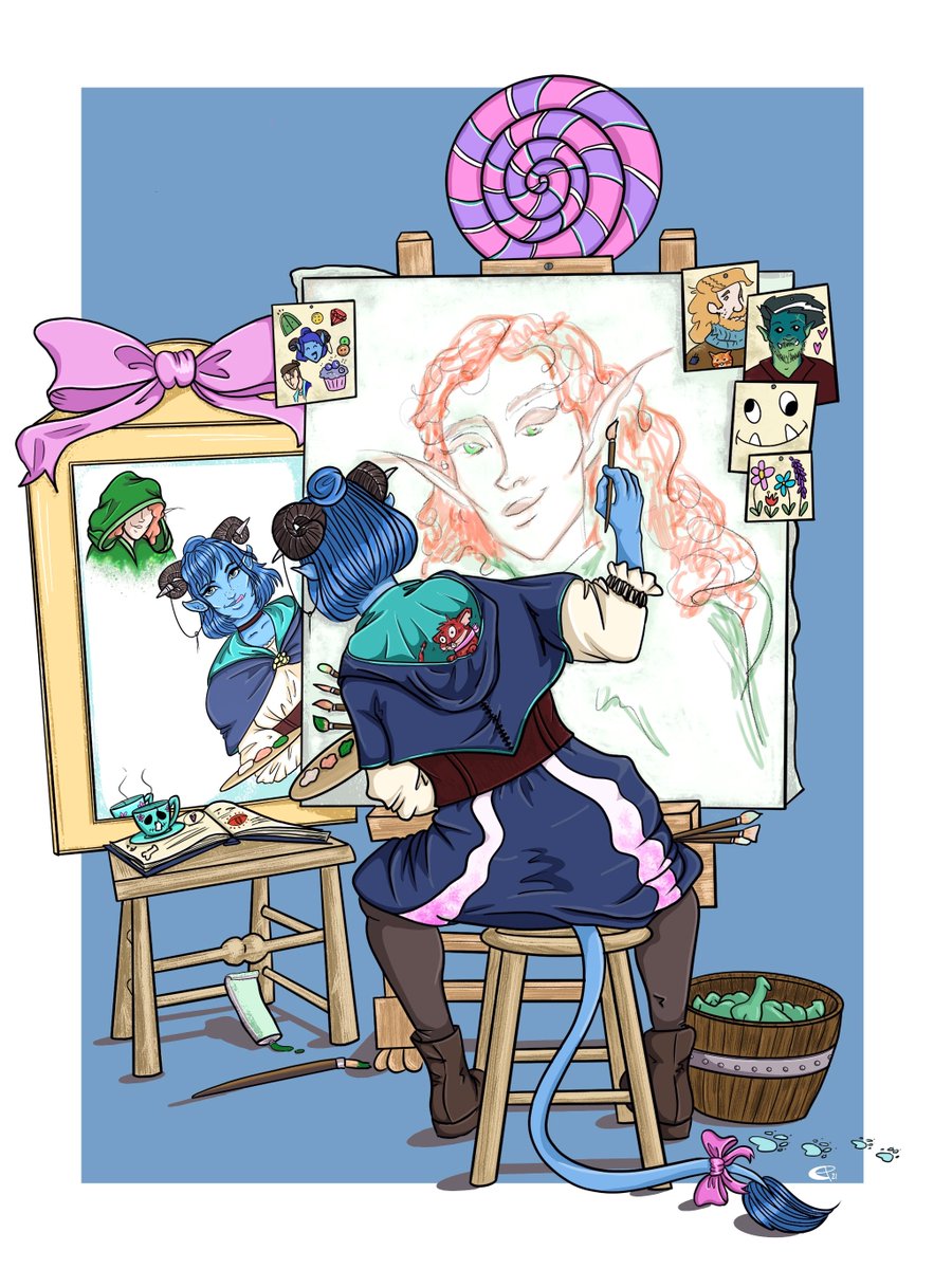 OrngeConeStudio's tweet photo. Finally finished an art piece that I've had in my head for Jester. Inspired by Normal Rockwell's "Triple Self Portrait" 
but with a Jester and Traveler twist. Lot's of fun references too throughout :) @LauraBaileyVO @matthewmercer  #criticalrole #jester #procreate #digitalart https://t.co/LIy1VmnBPf