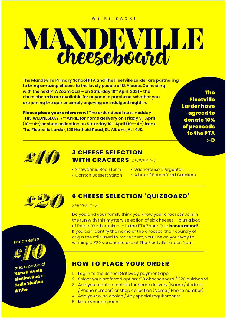 PTA_Mandeville1's tweet photo. ๐งCHEESEBOARD๐ง
Fabulous offer for all @mandeville_AL1 families.
See all details on the flyer below from @eatfleetville
Please order via Gateway by midday Wednesday 7th April
#cheese #supportlocal #quiz #pta #fleetville #sopwell https://t.co/l1mTKSbjyy