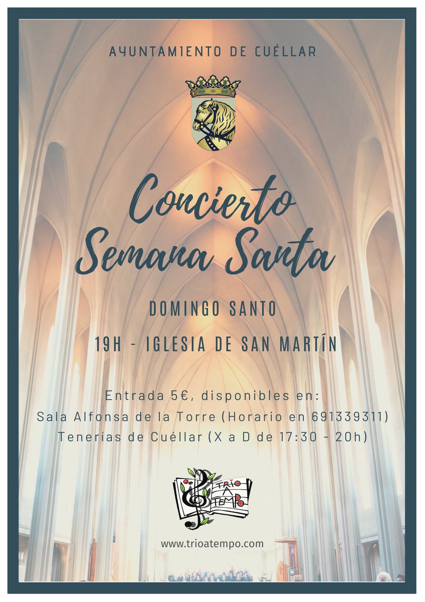 TrioATempo's tweet photo. Este Domingo Santo te proponemos asistir a nuestro concierto Música de Pasión.

📍 Tendrá lugar a las 19h en la iglesia de San Martín de @aytocuellar

Entre el repertorio que interpretaremos se encuentran saetas, motetes y marchas de compositores como Bach, Händel o Pergolesi. https://t.co/Gywi0UgOEK